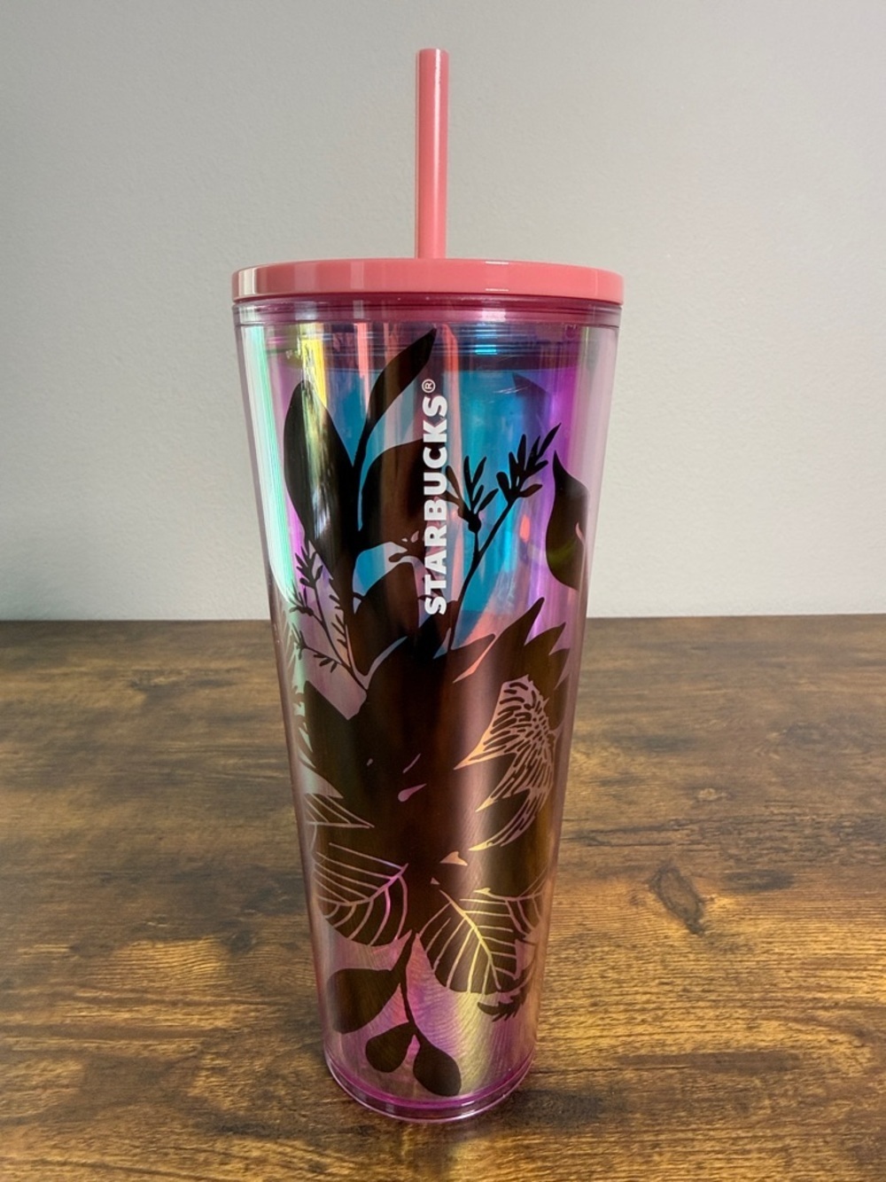 NWT Starbucks Pink Iridescent Floral Tumbler with Straw, 24 Oz